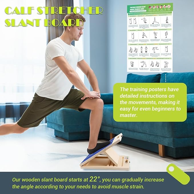 Slant Board for Calf Stretching, Adjustable Portable Wooden Incline Board for Calf Stretcher with Training Poster, 300 Lbs Weight Capacity Calf Stretch Wedge for Leg, Knees, Heel, Ankle & Stretching