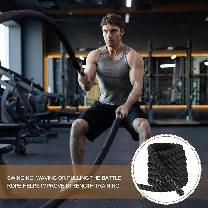 MECCANIXITY Battle Rope 30ft x 2 Inch Polyester Workout Rope Heavy Fitness Exercise Rope for Strength Training Home Gym Muscle Building, Black