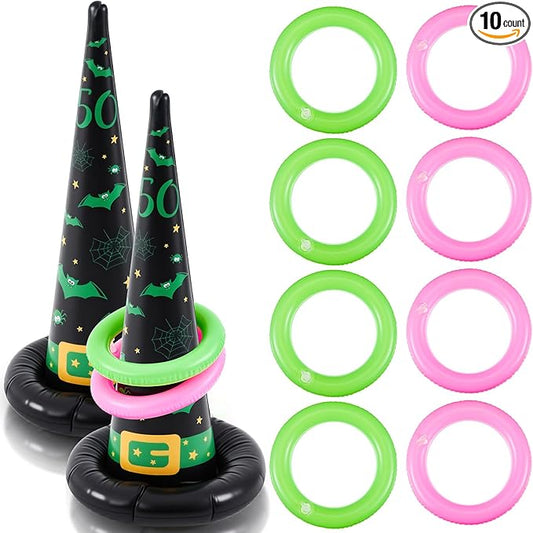 Leitee 10 Pcs Halloween Inflatable Witch Hat Ring Toss Game Set Carnival Pink and Green Inflatable