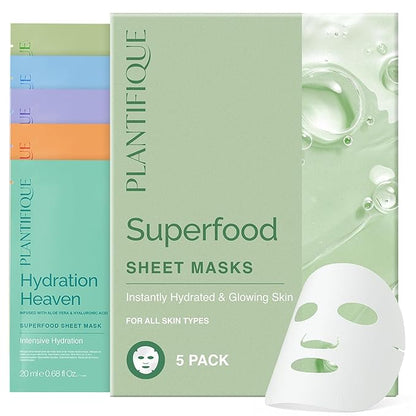 PLANTIFIQUE Superfood Facial Sheet Mask Variety Box 5 Pack ??Face Mask Set with Coconut, Aloe, Vitamin C, Centella & Collagen ??Hydrating & Refreshing ??For All Skin Types