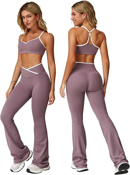 ABOCIW Workout Sets for Women 2 Piece Color Block Strappy Sports Bra High Waist Leggings Gym Yoga Pilates Outfits