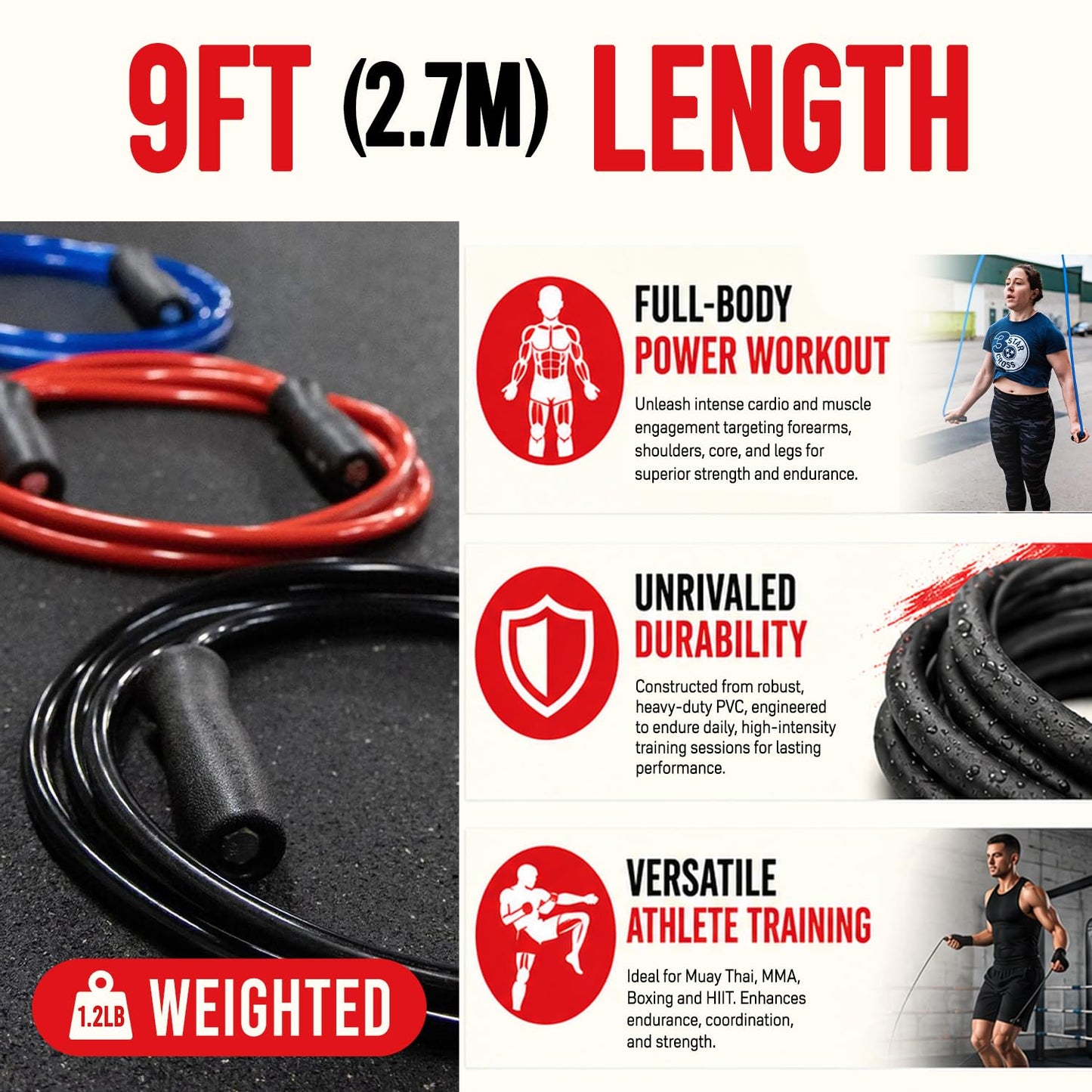 Elite Jumps Muay Thai 2.0 Weighted Jump Rope for MMA, 1.2 lbs, 9 ft, Red