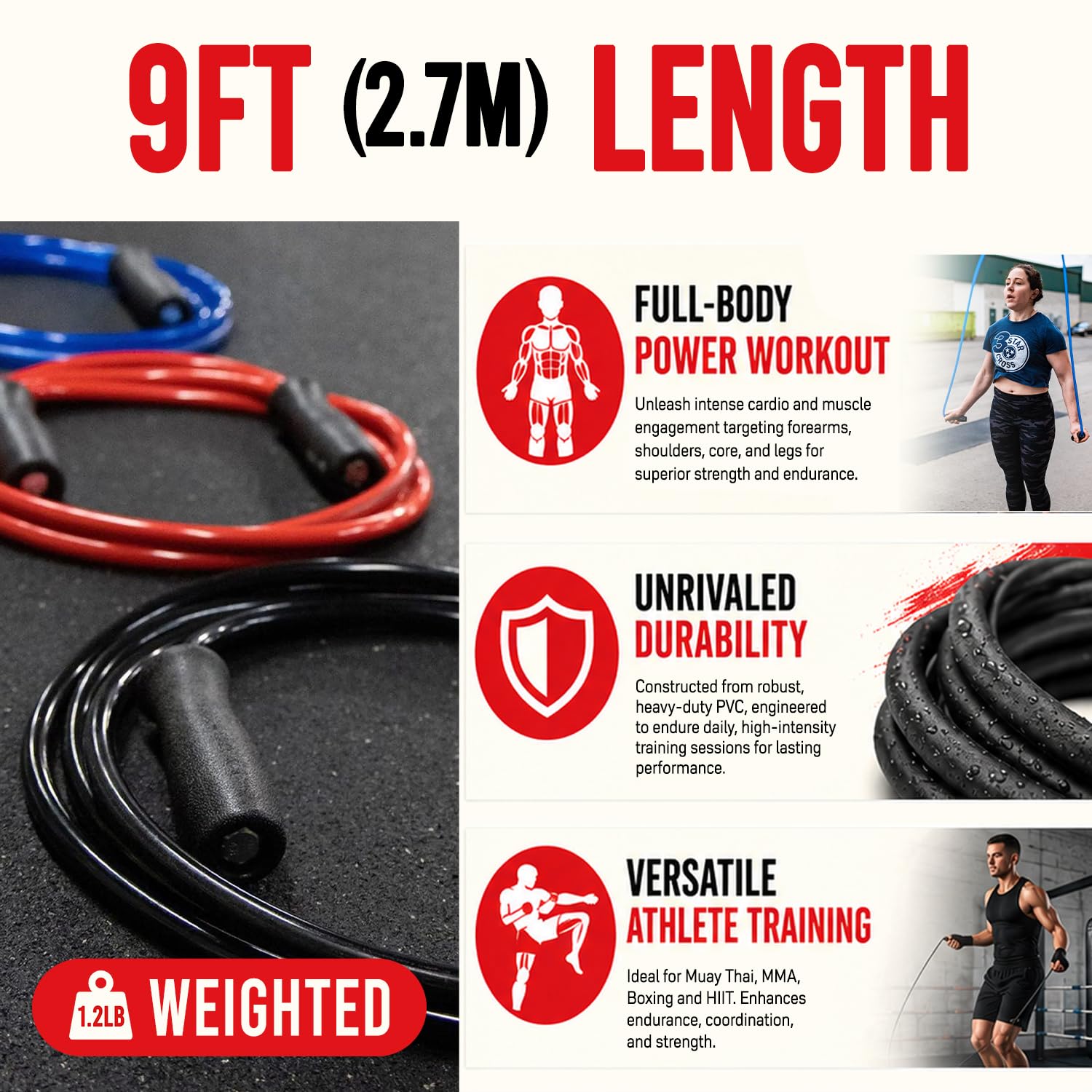 Elite Jumps Muay Thai 2.0 Weighted Jump Rope for MMA, 1.2 lbs, 9 ft, Red