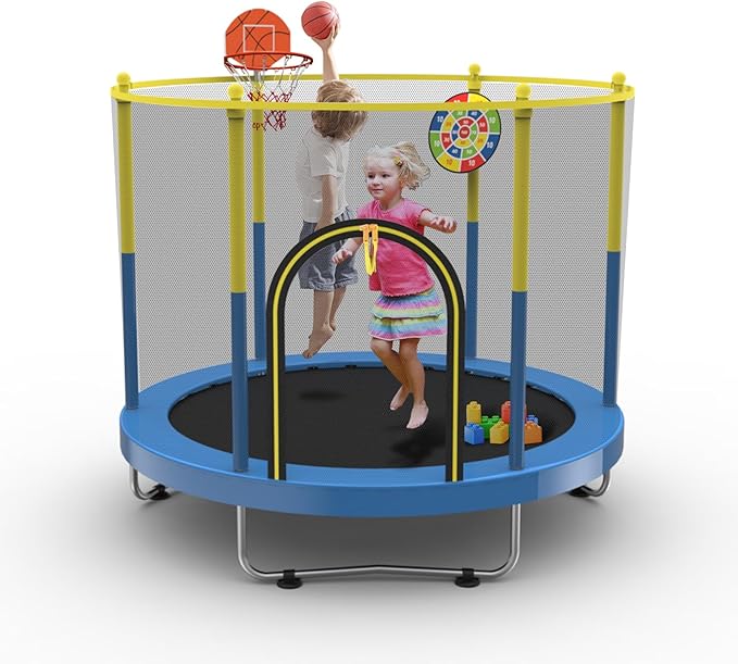 72" Trampoline for Kids with Net,6 FT Indoor & Outdoor Small Toddler Trampoline with Basketball Hoop & Dart Board for Ages 1-8, Birthday Gifts for Boys & Girls, Baby Toddler Christmas Toys