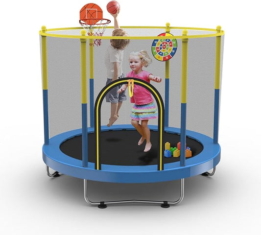 72" Trampoline for Kids with Net,6 FT Indoor & Outdoor Small Toddler Trampoline with Basketball Hoop & Dart Board for Ages 1-8, Birthday Gifts for Boys & Girls, Baby Toddler Christmas Toys