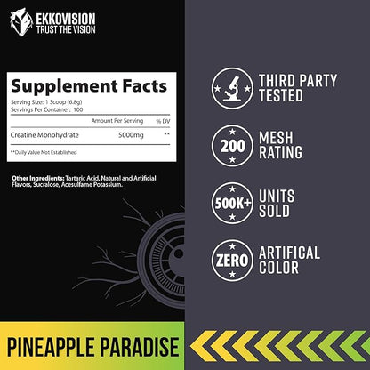 Ekkovision Creatine Monohydrate Powder, Micronized, Pineapple Paradise, Pre Workout & Post Workout Supplement for Men and Women, Energy Support, Easy to Mix in Shakes, Smoothies & Beverages, 100 Srvgs