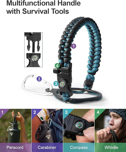 64 oz Insulated Water Bottle,Half Gallon Water Flask Stainless Steel Vacuum, Cold for 48 Hrs,BPA-Free & Leakproof -with Paracord Handle, Strap,Straw Spout Lids,Large Jug for Gym,Indigo Black