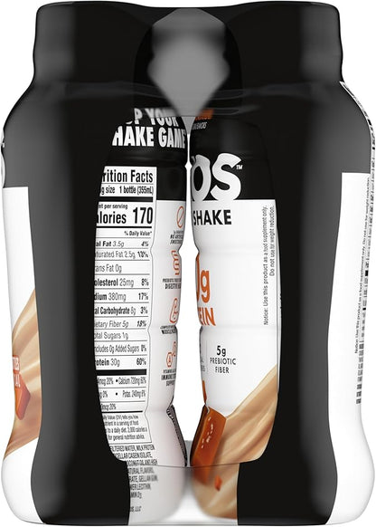 Oikos Protein Shake, Salted Caramel, 30g High Protein Drinks, Shelf Stable, Ready to Drink, 5g Prebiotic Fiber, 12 fl oz Bottle, 4 Count