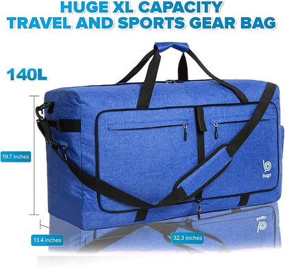 Bago Big XXL Foldable Duffel Bags for Traveling Women & Men - 140L Packable Duffle Bag for Travel with Shoe Compartment - Water Repellant, Heavy Duty, Lightweight Folding & Collapsible (SnowDepBlue)