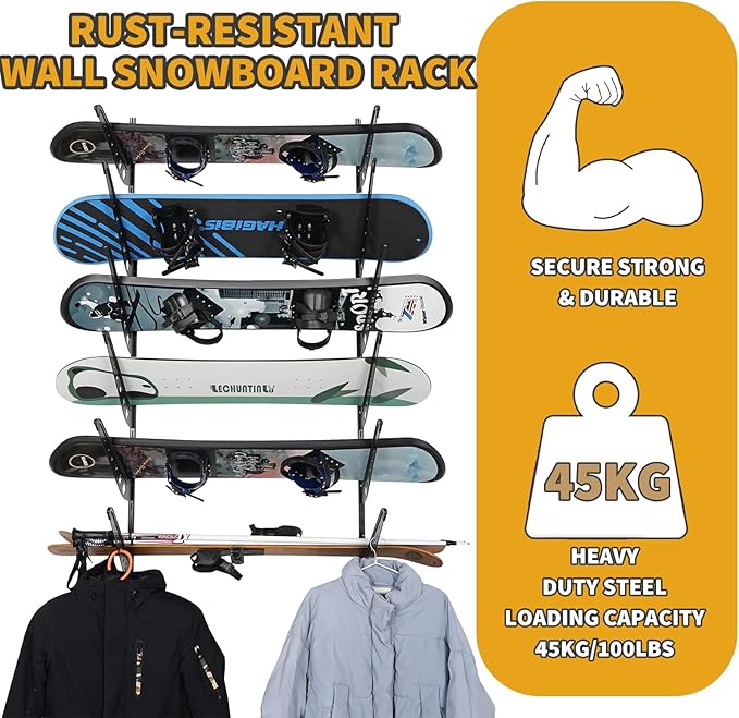 6 Board Snowboard Wall Racks, Adjustable Storage Rack for Ski, Surfboard, Wakeboard, Snowboard Wall Mount Display, Black