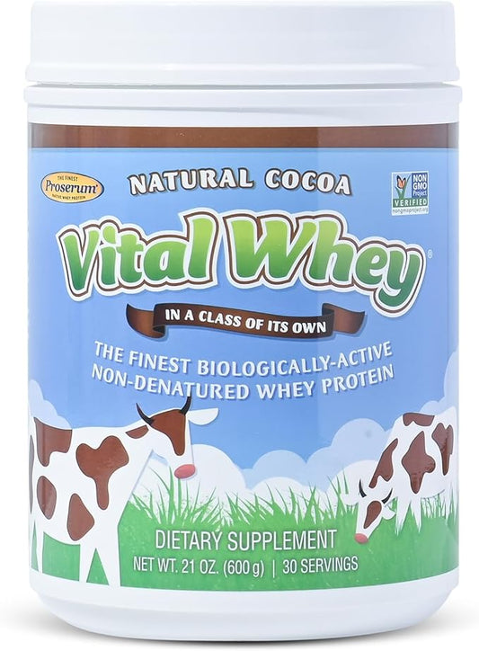 Grass-Fed Whey Protein Powder for Immune Vitality, Natural Cocoa 600g (30 Servings), 15g Protein