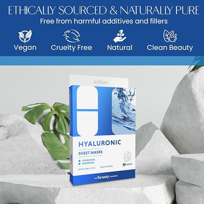 Hyaluronic Acid Sheet Face Mask - Skin Firming, Anti-Aging, Moisturizes & Plumps Skin - Dermatologist Tested, Cruelty-Free Korean Skin Care for All Skin Types - 5 Masks (2 Pack)