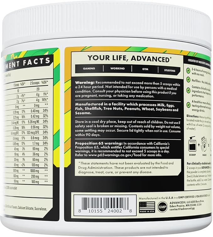 Advanced Energy - Energy Boosting Formula with Electrolytes for Hydration - L-Theanine to Combat Jitters - Sugar Free & Keto Friendly - No Maltodextrin (40 Servings) (Calamansi)