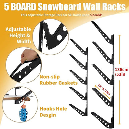 5 Board Snowboard Wall Racks, Adjustable Storage Rack for Ski, Surfboard, Wakeboard, Snowboard Wall Mount Display, Black