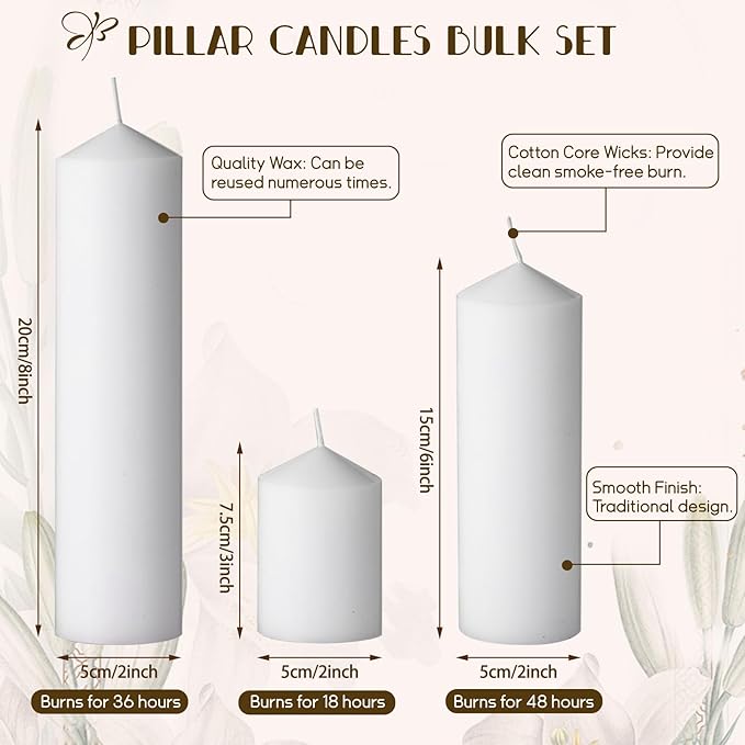 36PC Pillar Candles Bulk 2 in x 3, 6, 8 Inch Long Burning Wax Pillar Candles Unscented Smokeless Dripless for Wedding Centerpieces Spa Lantern Fireplace Home Festival Fall Party Decor (White)