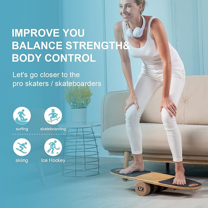 XCMAN Balance Board Surf Trainer with Adjustable Stoppers - 3 Different Distance Options Bamboo Balance Board for Surfing, Snowboarding, Skiing, Skateboarding, Yoga Training