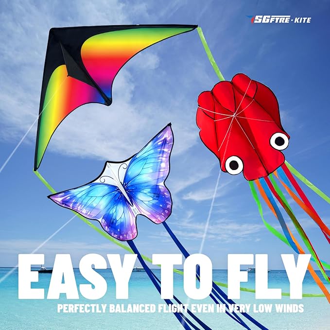 3 Piece Set Butterfly Delta Octopus Kites for Kids and Adults，Easy to Fly for Outdoor Adults Children Line Kite for Kids Toy (Gradient Grassland Rainbow+Octopus Red+Blue Dreamy Butterfly, 3)