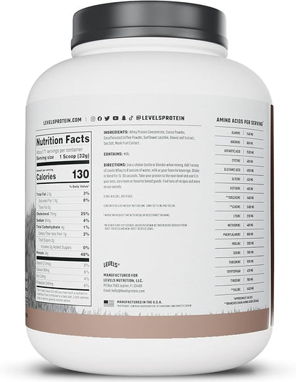 Levels Grass Fed Whey Protein Powder, No Artificials, 24G of Protein, Chocolate Mocha, 5LB