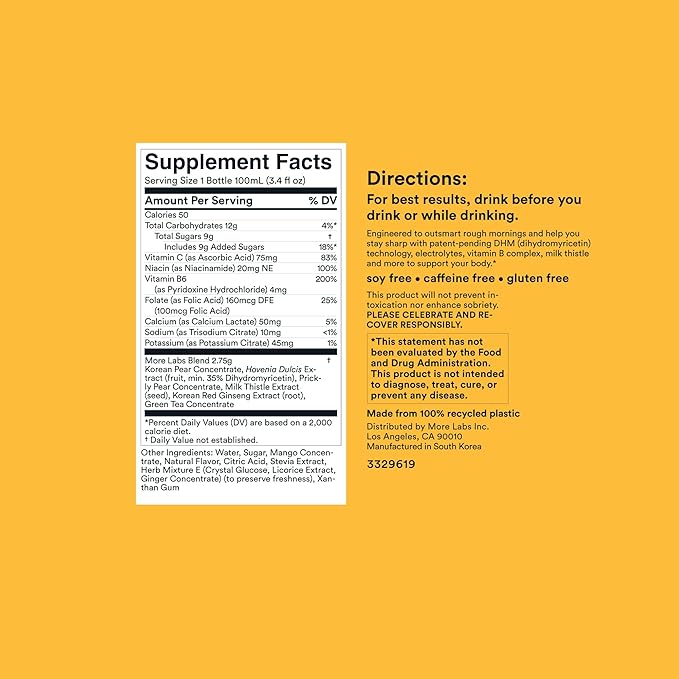 Morning Recovery Electrolyte, Milk Thistle Drink Proprietary Formulation to Hydrate While Drinking, Highly Soluble Liquid DHM, Non GMO, Vegan, Gluten-Free, Orange Mango, Pack of 24