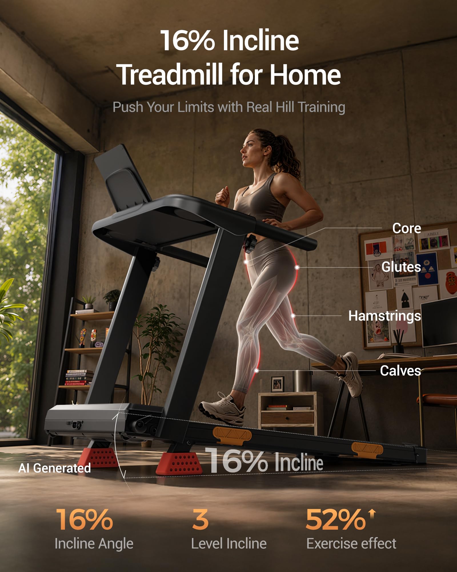 16% Incline Treadmills for Home, Foldable Treadmill with Incline