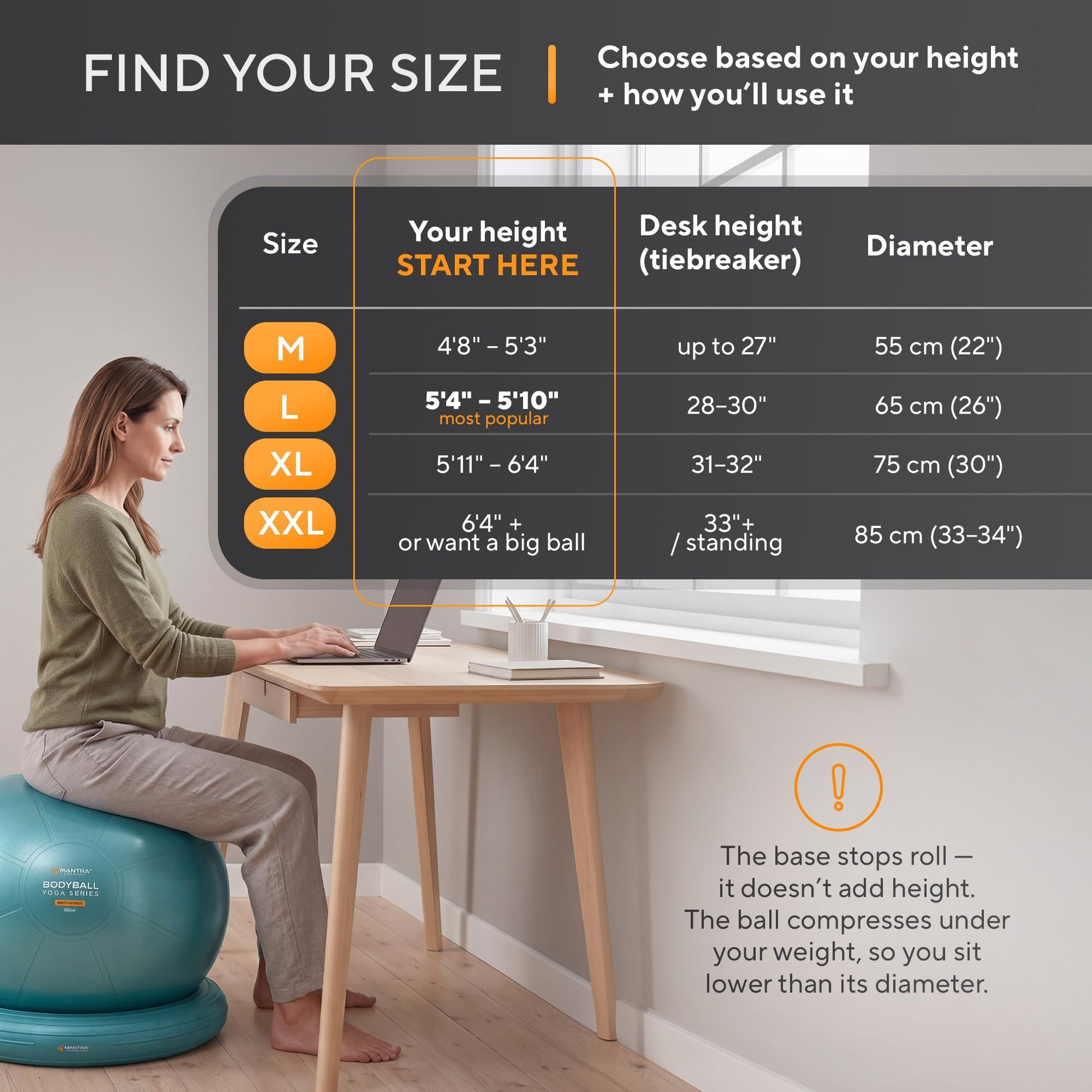 MANTRA SPORTS Yoga Ball Chair for Office Desk with Base - Ergonomic Balance & Stability Exercise