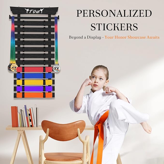 12 Belts Karate Belt Display Rack with Stickers, Martial Arts Belt Display Holder, Taekwondo Belt Display, Jiu Jitsu BJJ Belt Display Hanging Holder for Kids and Adults Gifts