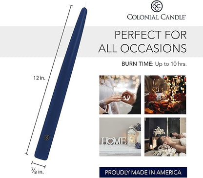 Colonial Candle Indigo Blue Taper Candles Hand Dipped - 12" Tall Candlesticks - Dripless, Unscented - Candles For Birthdays, Celebrations, 12 count (Pack of 1)