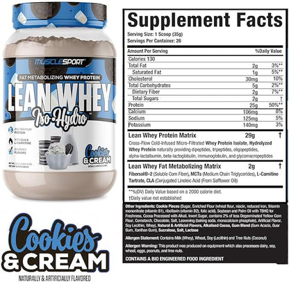 Musclesport Lean Whey Revolution?? Whey Protein Isolate with Hydrolyzed Whey - Low Calorie, Low Carb, Low Fat, Incredible Flavors - 25g Protein per Scoop (2lb, Cookies N Cream)