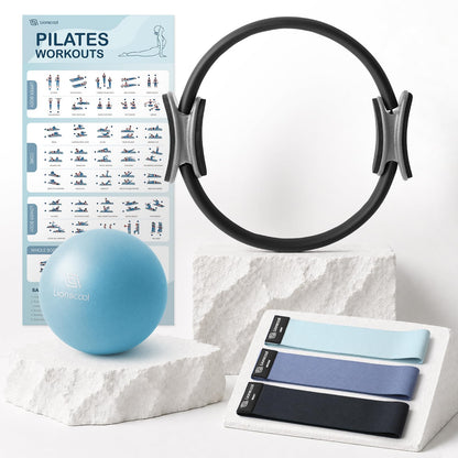 LIONSCOOL Pilates Ring Set 14" Magic Circle, 9" Mini Ball, Resistance Bands