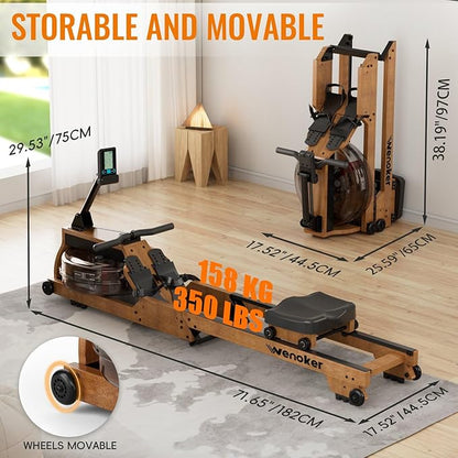 Water Rowing Machine for Home Use, WENOKER Wooden Foldable Rower Machine with Adjustable Monitor & Bluetooth APP, Large Water Tank & Comfortable Seat for Immersive Water Rower, 350LBS Weight Capacity
