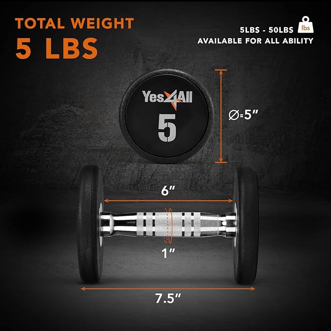 Yes4All Urethane Dumbbell with Anti-Slip Knurled Handle 5-50 LB for Muscle Building - Sold Individually