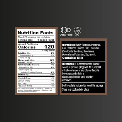 Dark Chocolate Whey Protein Powder. Post Workout Recovery Drink, Gluten & Sugar Free, Highly Kosher, 25g Protein. Essential Amino Acids - 5.5g BCAA, 2.7g Leucine, 1.4g Isoleucine, 1.4g Valine 26.4oz