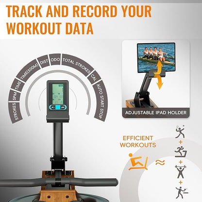 Water Rowing Machine for Home Use, WENOKER Wooden Foldable Rower Machine with Adjustable Monitor & Bluetooth APP, Large Water Tank & Comfortable Seat for Immersive Water Rower, 350LBS Weight Capacity