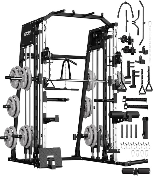 Smith Machine, Power Cage Squat Rack with Cable Crossover, Dual Pulley System, Pull-Up Bar, Home Gym Workout Equipment with Attachments for Strength Training and Weightlifting