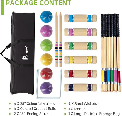 Pointyard 28" Croquet Set for 6 Players - Premium Wooden Mallets, Colored Balls & Carry Bag - Fun Games for Adults/Families/Kids at Backyard, Beach, Easy Setup in 1 Min,Anti-Slip Handle