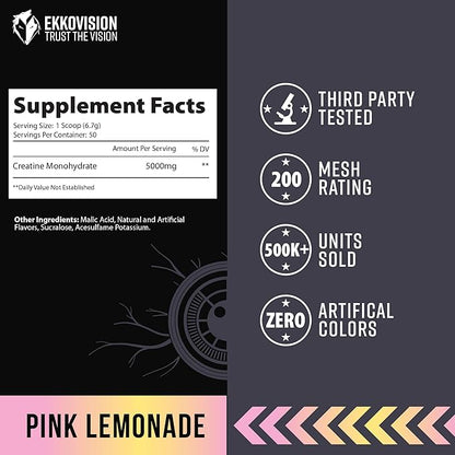 Ekkovision Creatine Monohydrate Powder, Micronized, Pink Lemonade, Pre Workout & Post Workout Supplement for Men and Women, Energy Support, Easy to Mix in Shakes, Smoothies & Beverages, 50 Servings