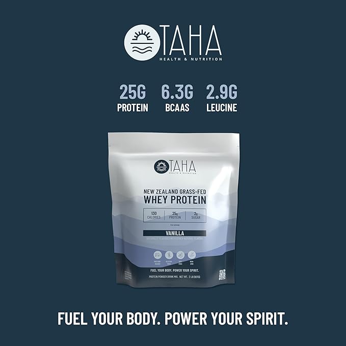 Taha Health & Nutrition Vanilla Flavored Whey Protein Concentrate Powder, 25g Protein, 140 Calories, 2g Sugar | New Zealand Grass-Fed, Free-Range Dairy | Gluten and Soy Free, Keto, Kosher | 2LB