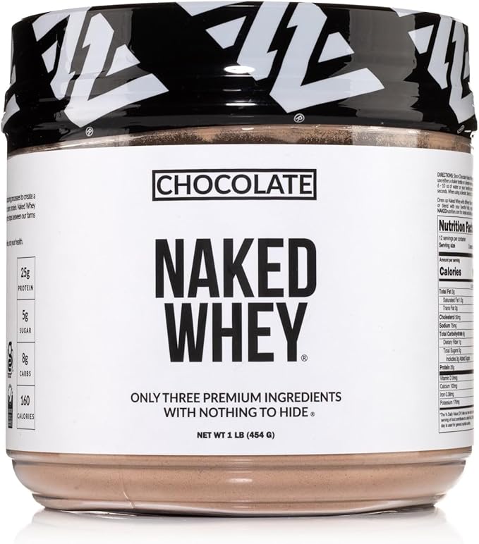 NAKED Chocolate Whey 1LB - All Natural Grass Fed Whey Protein Powder, Organic Cacao, and Coconut Sugar - No GMO, No Soy, and Gluten Free, Aid Growth and Recovery - 12 Servings
