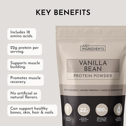 JUST INGREDIENTS Vanilla Bean Protein Powder ??20-Serving Blend with 100% Grass-Fed Whey & Organic Plant Proteins ??Real Vanilla Bean & Cinnamon ??Supports Muscle Recovery, Energy*