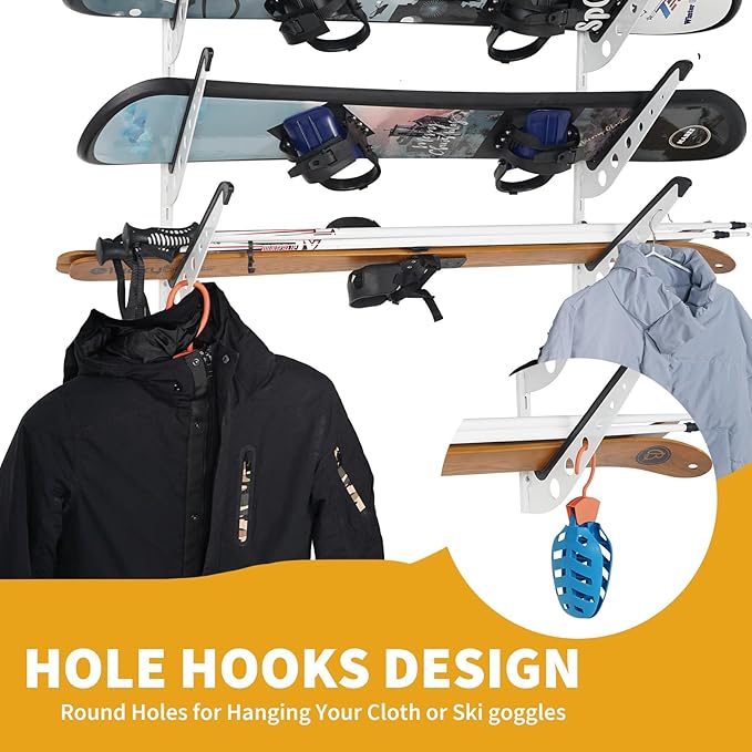 5 Board Snowboard Wall Racks, Adjustable Storage Rack for Ski, Surfboard, Wakeboard, Snowboard Wall Mount Display, White