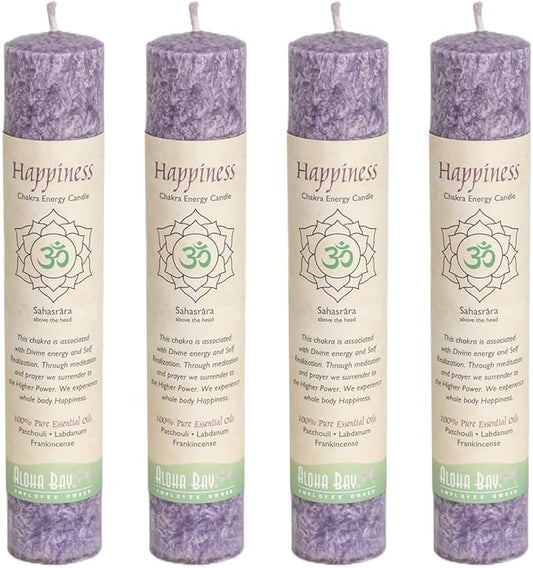 Premium Scented Candle Hand Made Chakra Energy Pillar | 4-Pack | Happiness, Sahasrara | Yoga, Prayer & Meditation Candle | Long Burn 15 Hours | Essential Oils of Patchouli & Frankincense | Aloha Bay