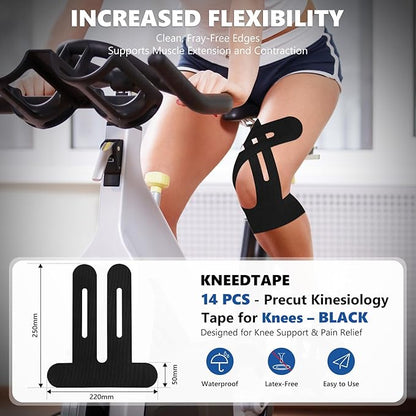 Precut Kinesiology Tape for Knees ??14 PCS Knee Tape for Pain Relief & Support, Elastic Waterproof Sports Tape, Breathable & Latex-Free, Pre Cut Athletic Tape for Workout & Injury Recovery, Black