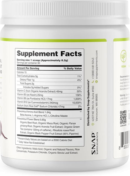 Snap Supplements Pre Workout Beet Root Powder, Nitric Oxide Supplement Preworkout for Men and Women with Organic Beets and B Vitamins, Energy and Heart Health Support, 30 Servings, Mixed Berry