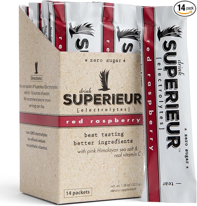 Superieur Electrolyte Powder Packets - Vegan Electrolyte Hydration Powder w/Sea Minerals - Keto Friendly, Non-GMO, Zero Sugar Electrolyte Supplement - Healthy Sports Drink - Raspberry (14 Packets)