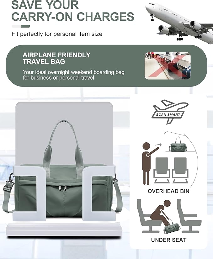 Gym Bag for Women Men with Shoe Compartment, Sport Duffel Bag, Waterproof Travel Weekender Overnight Carry on Bag for Yoga with Trolley Sleeve, Green