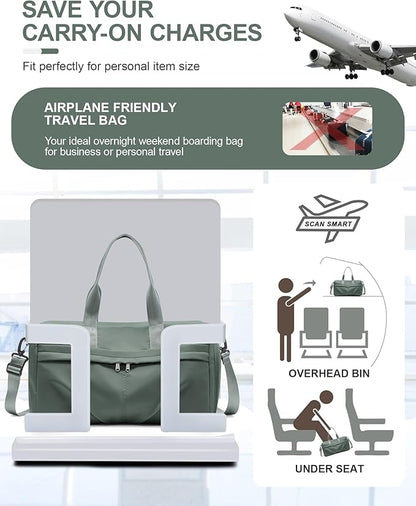 Gym Bag for Women Men with Shoe Compartment, Sport Duffel Bag, Waterproof Travel Weekender Overnight Carry on Bag for Yoga with Trolley Sleeve, Green