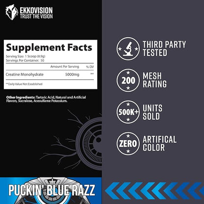 Ekkovision Creatine Monohydrate Powder, Micronized, Puckin' Blue Razz, Pre Workout & Post Workout Supplement for Men & Women, Energy Support, Easy to Mix in Shakes, Smoothies & Beverages, 50 Servings