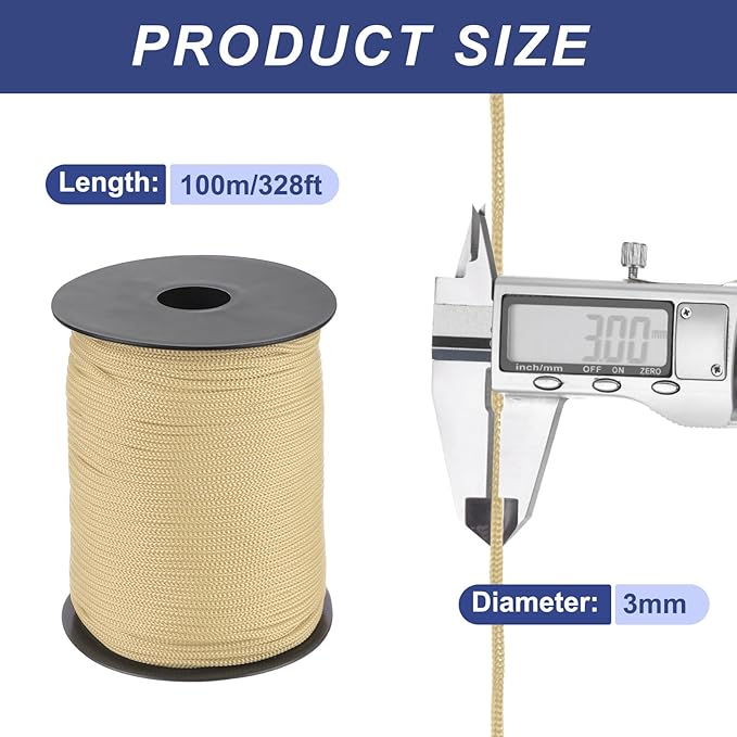 MECCANIXITY 1/8 Inch Polypropylene Rope Braided Ropes, 328ft Nylon Rope Hollow Utility Cord for Clothesline, Camping, Hiking, Outdoor, Khaki