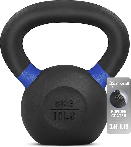 Yes4All Kettlebell, Heavy Duty Powder Coated Cast Iron Kettlebells, Non-Slip Handle & Flat Bottom for Conditioning, Strength Training & Full Body Exercises at Home Gym - Single & Pair