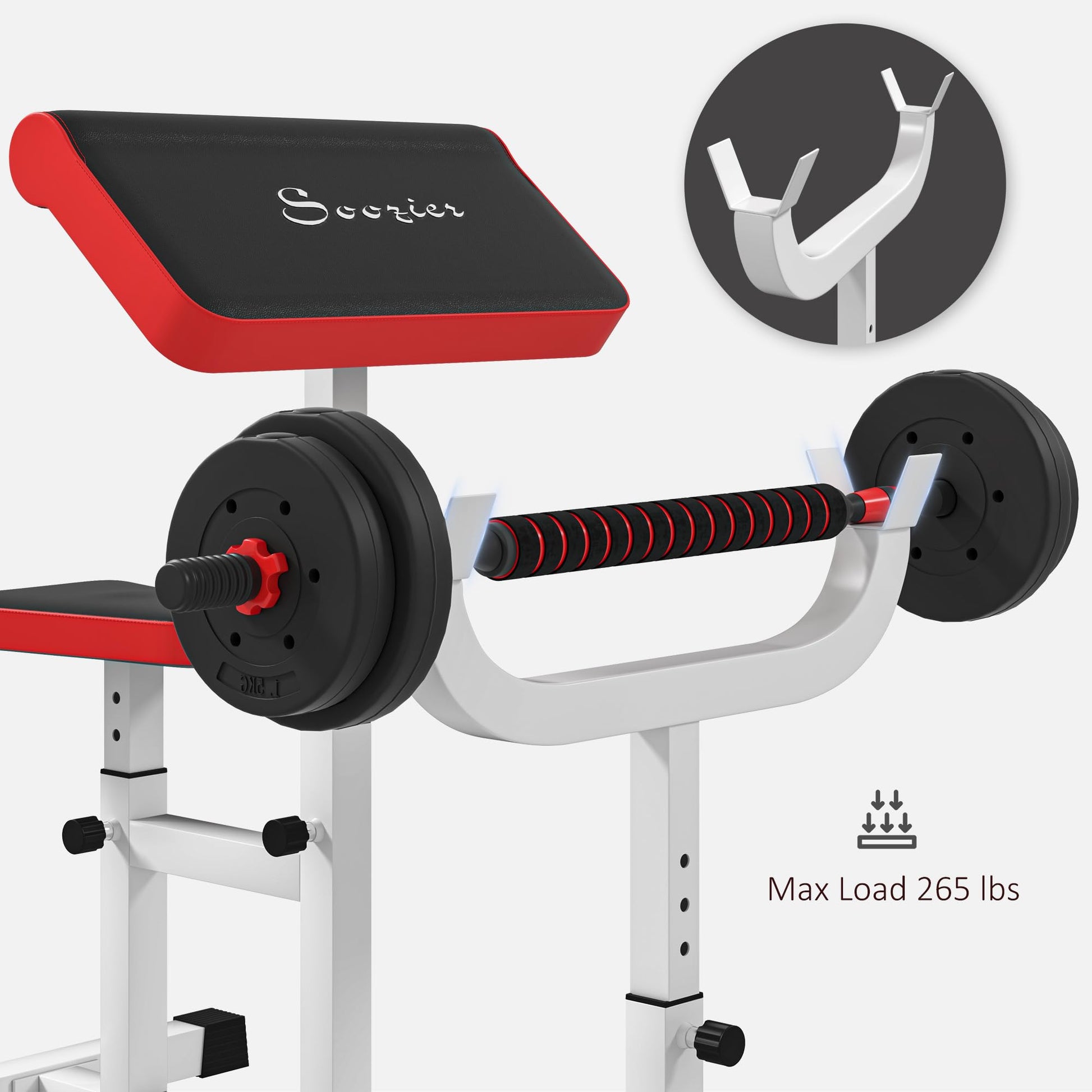 Soozier Adjustable Preacher Curl Bench with Brabell Rack 265 LBS White